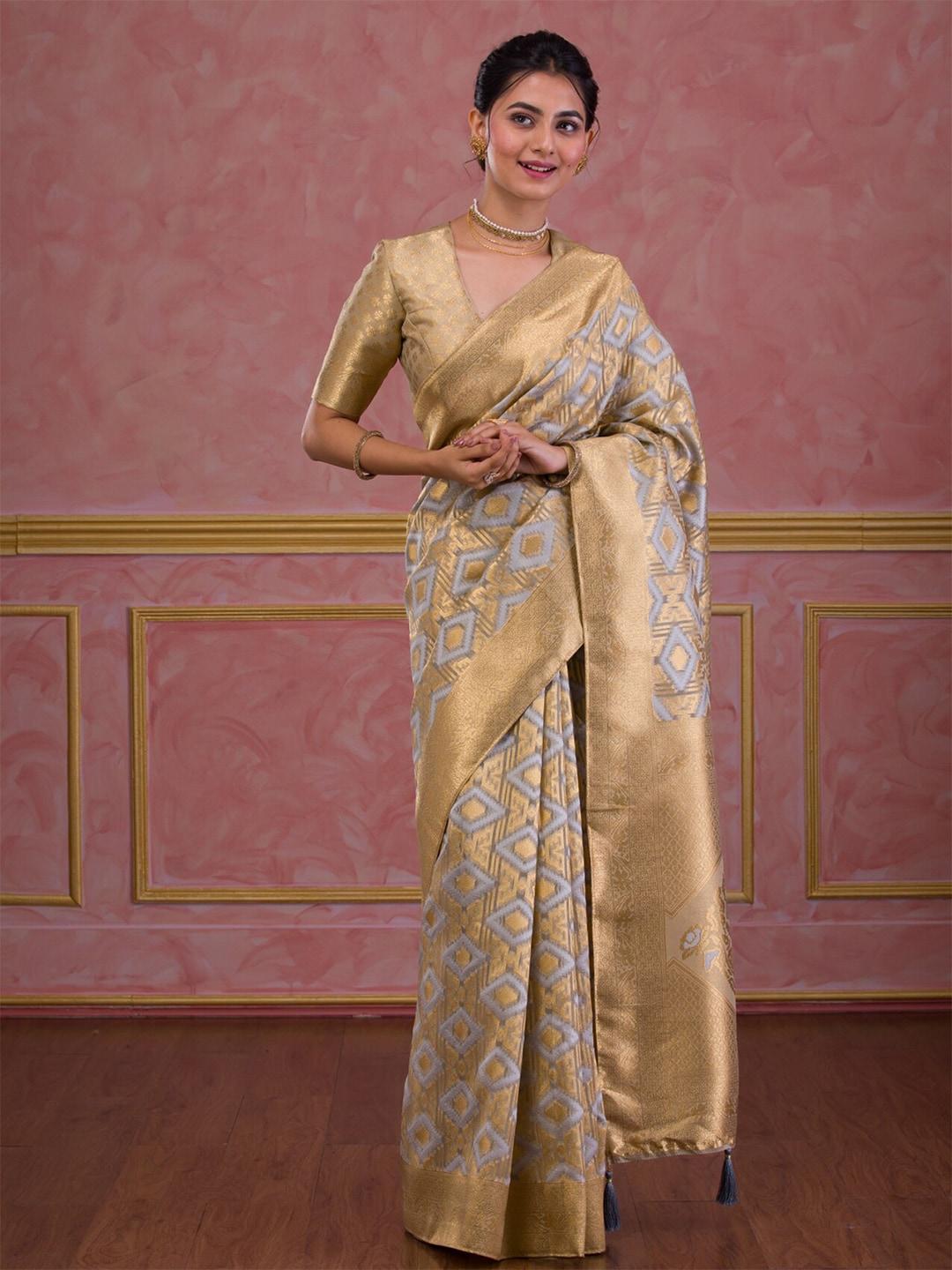 Koskii Grey & Gold-Toned Woven Design Zari Brocade Saree
