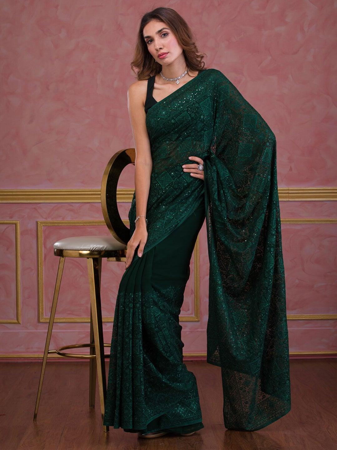 Koskii Green Embellished Embroidered Poly Georgette Saree