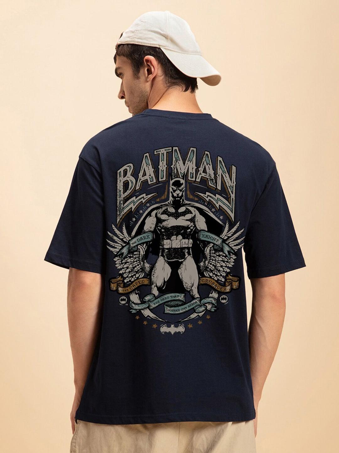 Bewakoof Navy Blue Batman Printed Drop Shoulder Sleeves Pure Cotton Oversized T-shirt