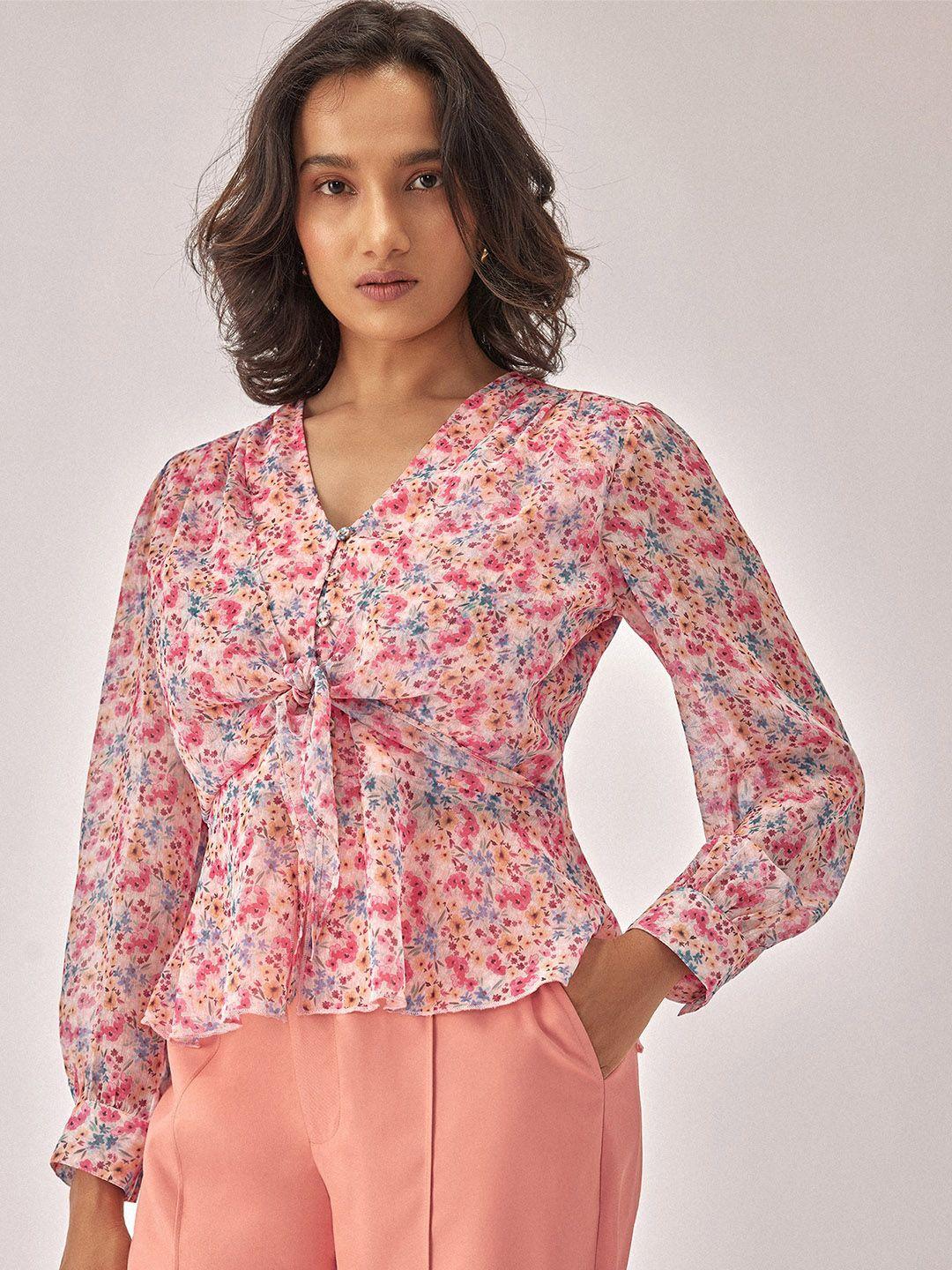 the-label-life-pink-floral-print-chiffon-cinched-waist-top