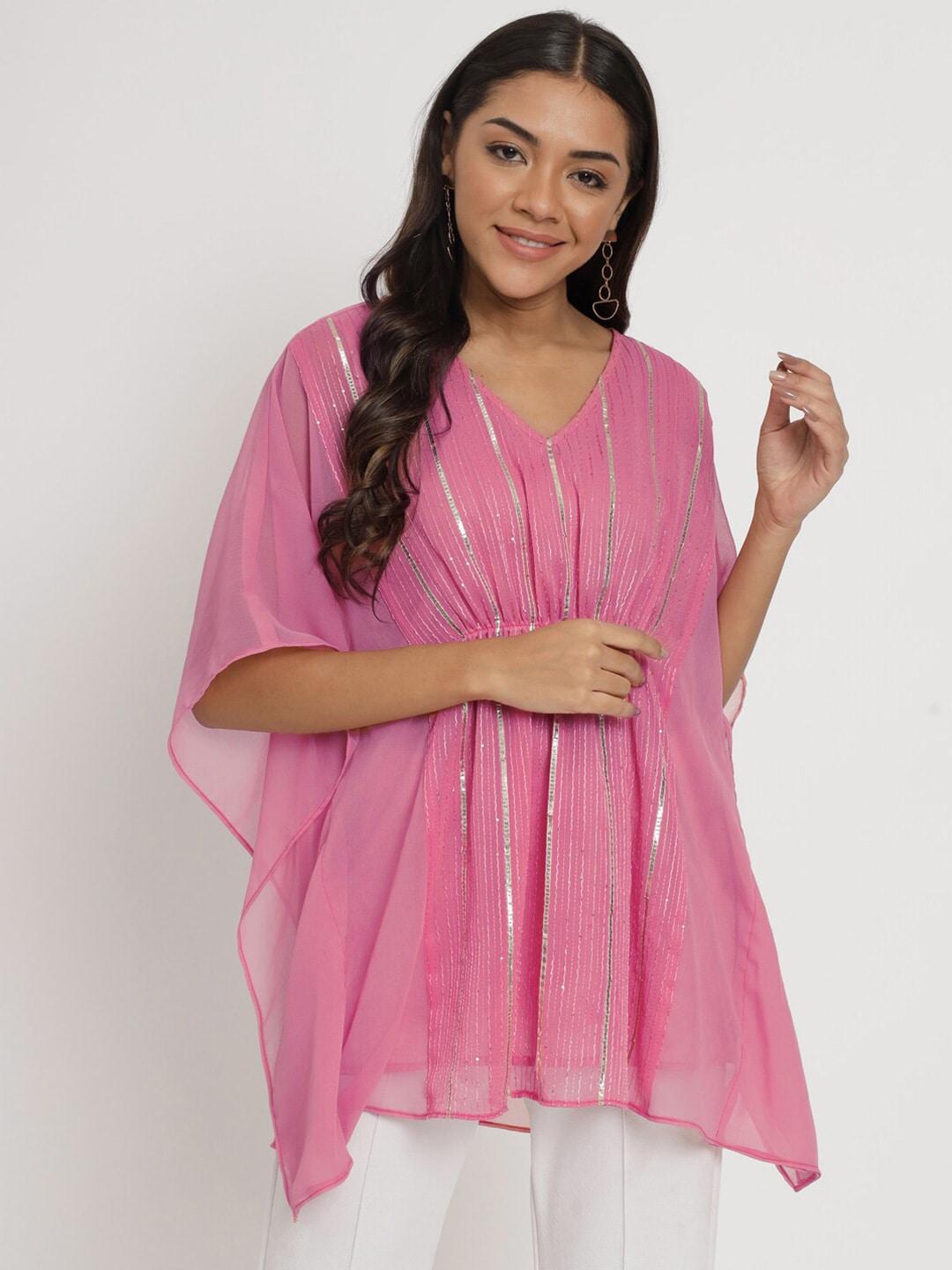 studio-rasa-pink-embroidered-v-neck-flared-sleeves-gotta-patti-gotta-patti-kaftan-kurti
