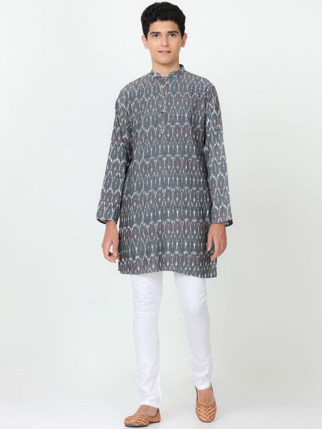 FLAVIDO Boys Grey Ethnic Motifs Printed Regular Pure Cotton Kurti with Pyjamas