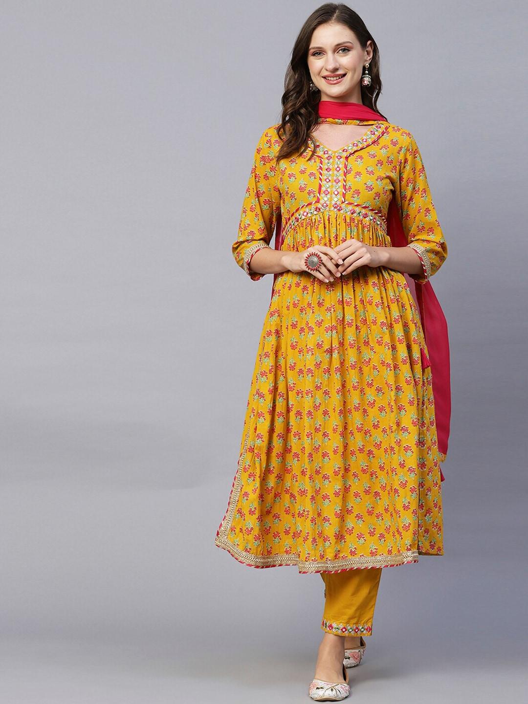 FASHOR Women Mustard Yellow Floral Printed Pleated Mirror Work Pure Cotton Kurta with Trousers & With Dupatta