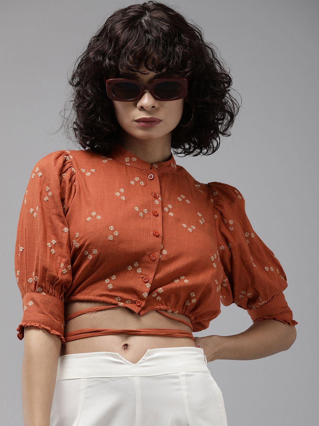 The Roadster Life Co. Embroidered Puff Sleeve Pure Cotton Shirt Style Crop Top