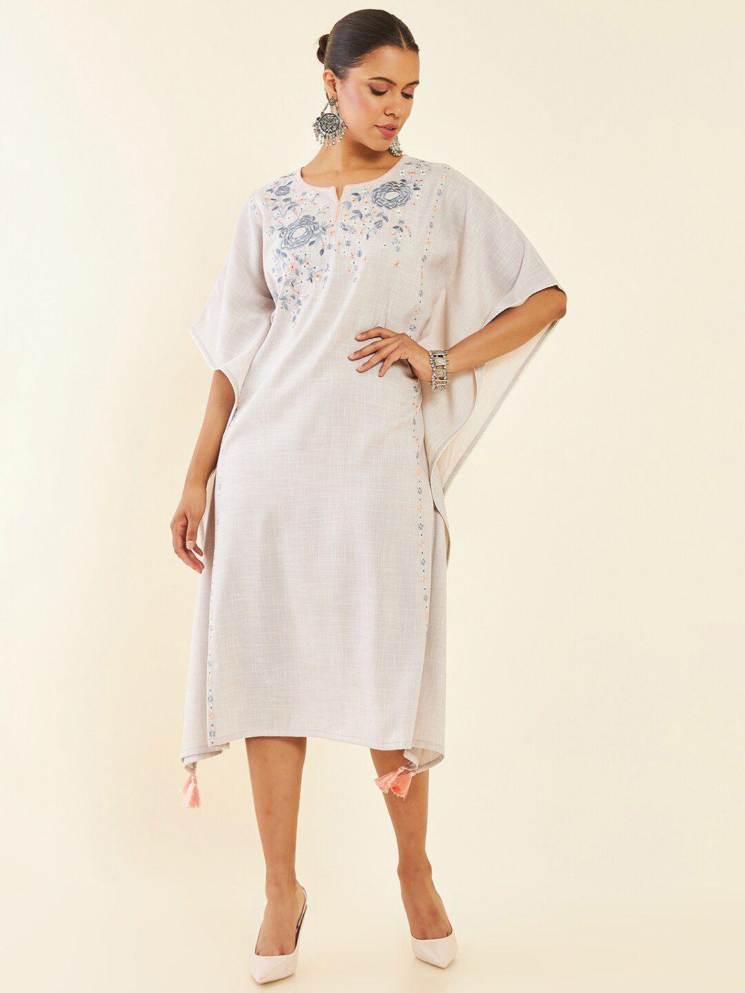 soch-grey-extended-sleeves-embroidered-midi-kaftan-dress