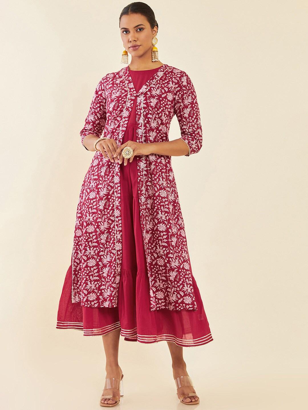 Soch Red Ethnic Motifs Printed Cotton A-Line Midi Dress