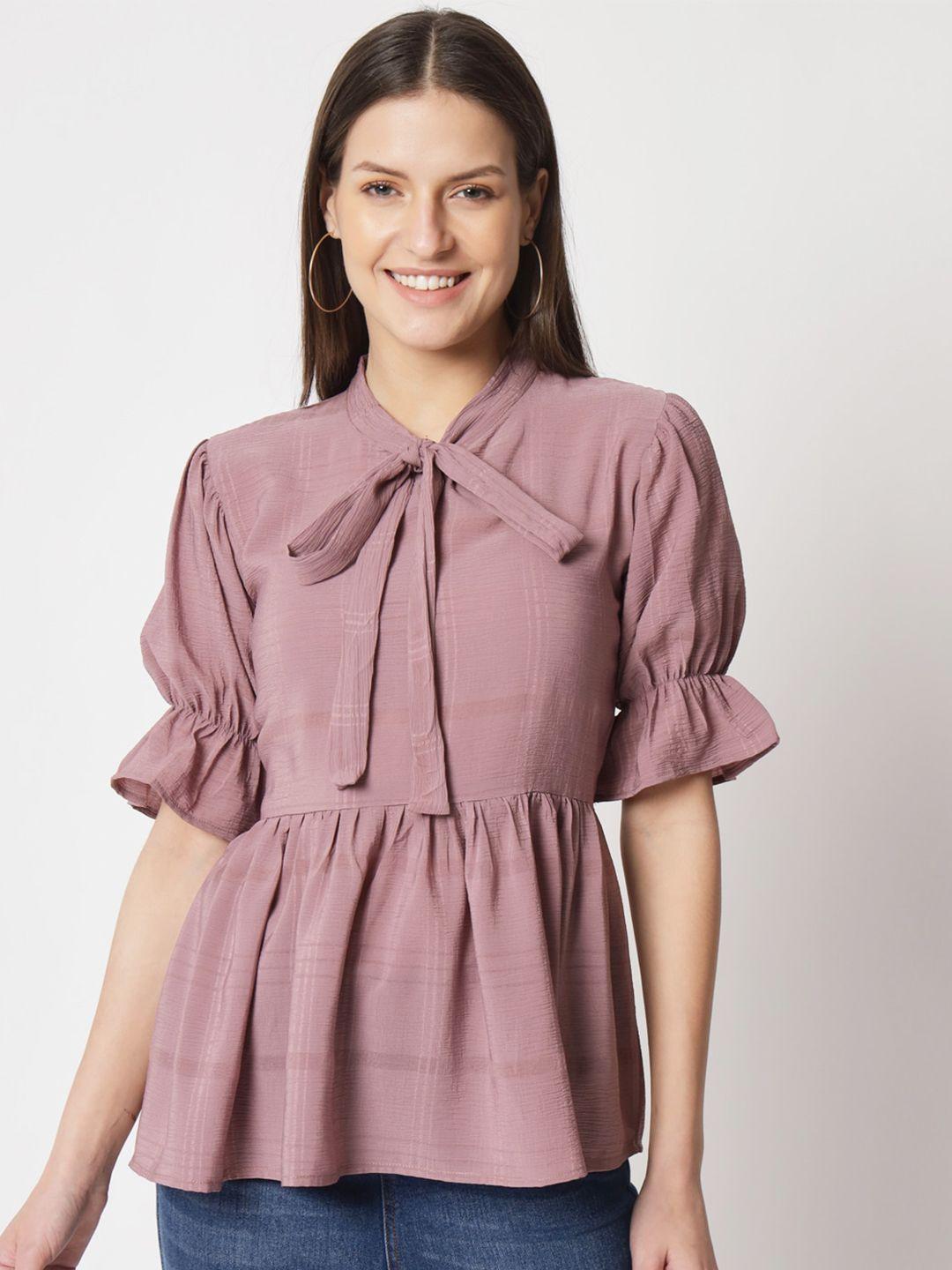 warthy-ent-purple-tie-up-neck-bell-sleeve-cotton-cinched-waist-top