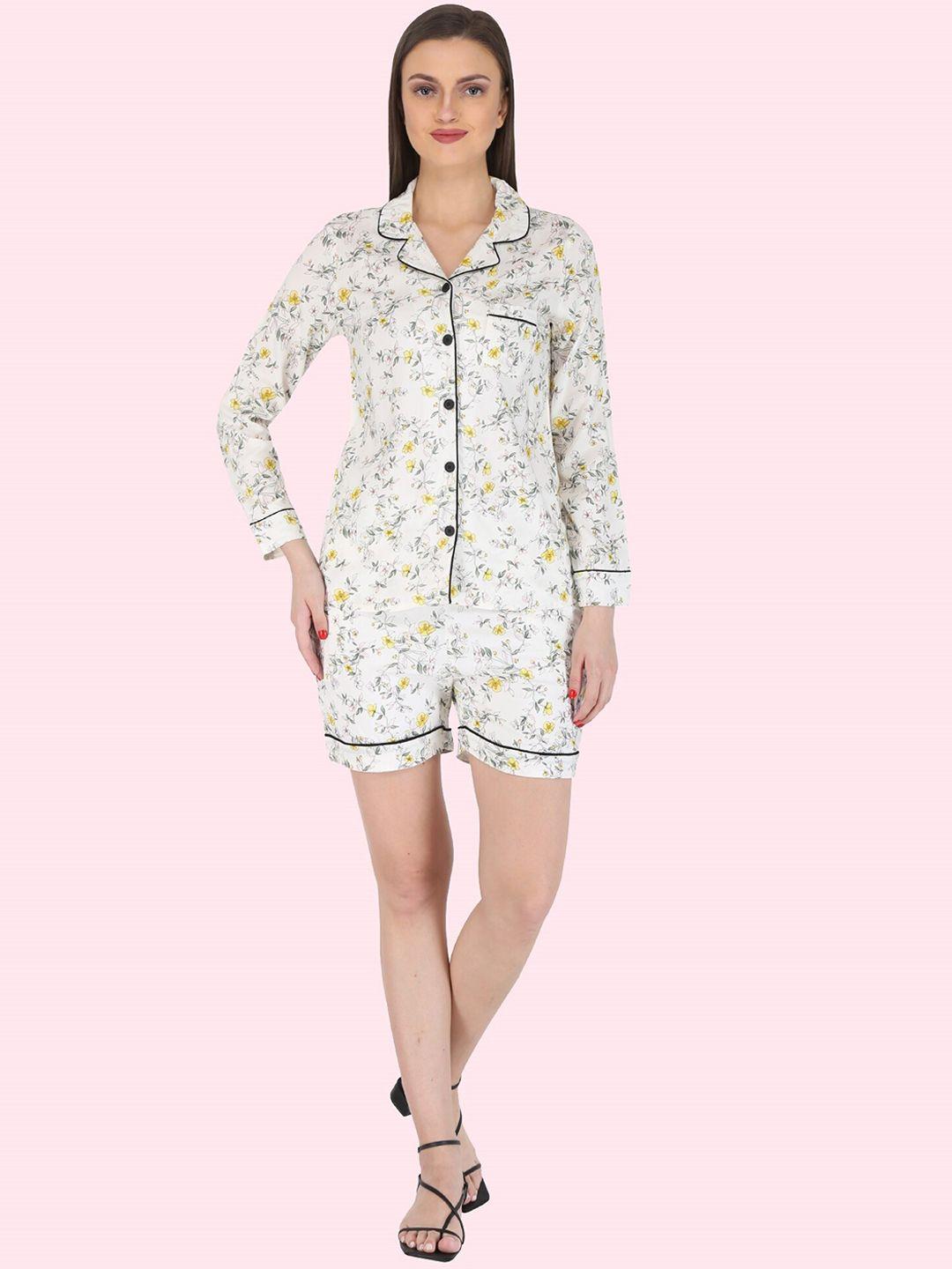 HERE&NOW Women White & Grey Printed Night suit