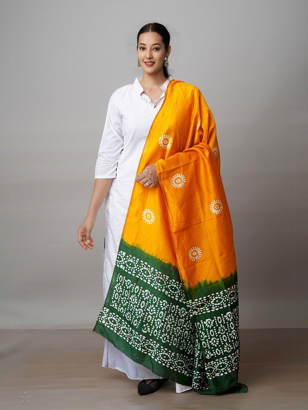 unnati-silks-yellow-&-green-ethnic-motifs-printed-pure-cotton-batik-dupatta