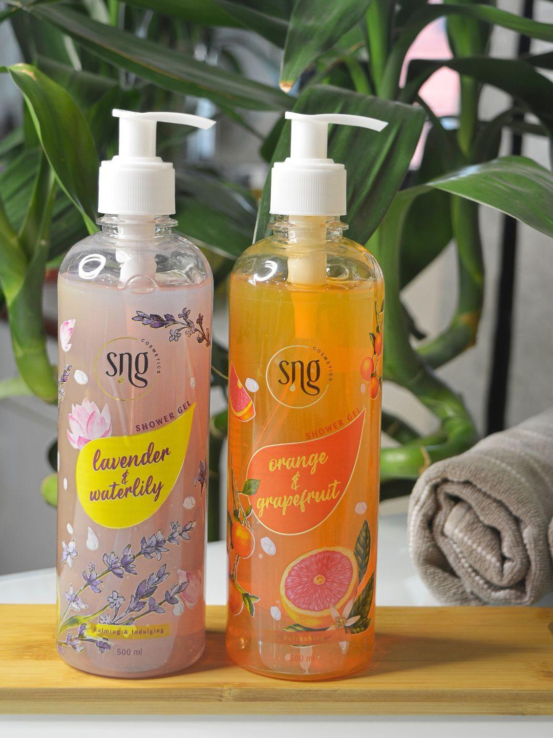 SNG Cosmetics Set Of 2 Orange & Grapefruit Shower Gel & Lavender & Waterlily Shower Gel