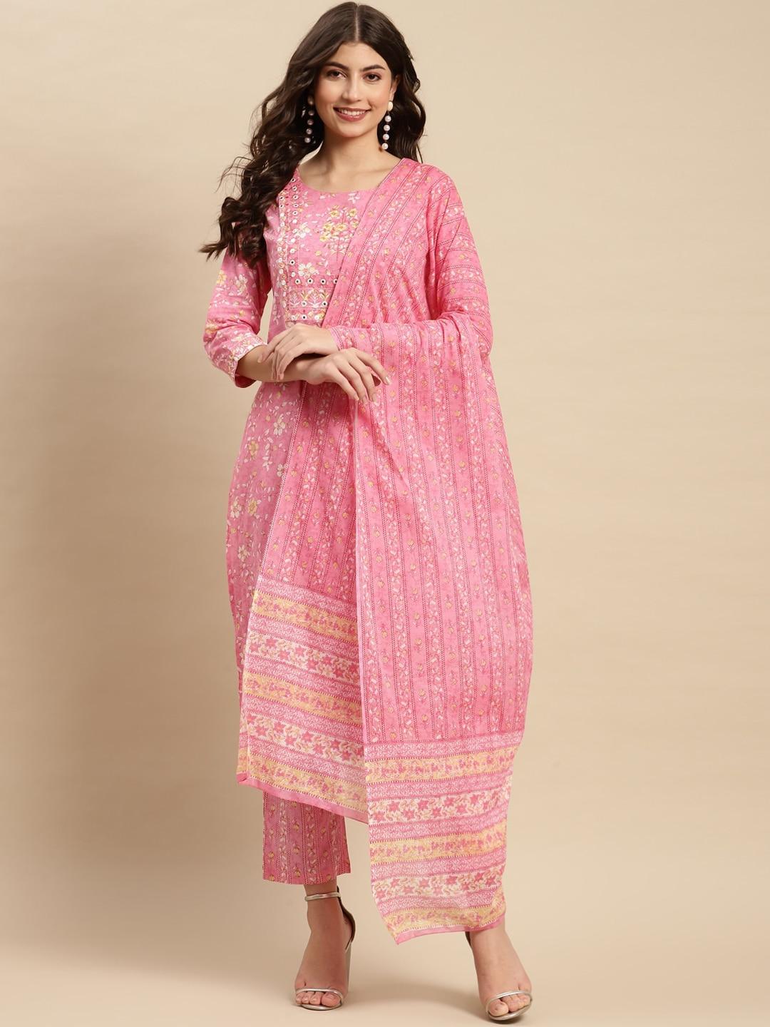 Sangria Embroidered Pure-Cotton Straight Kurta With Trouser & Dupatta