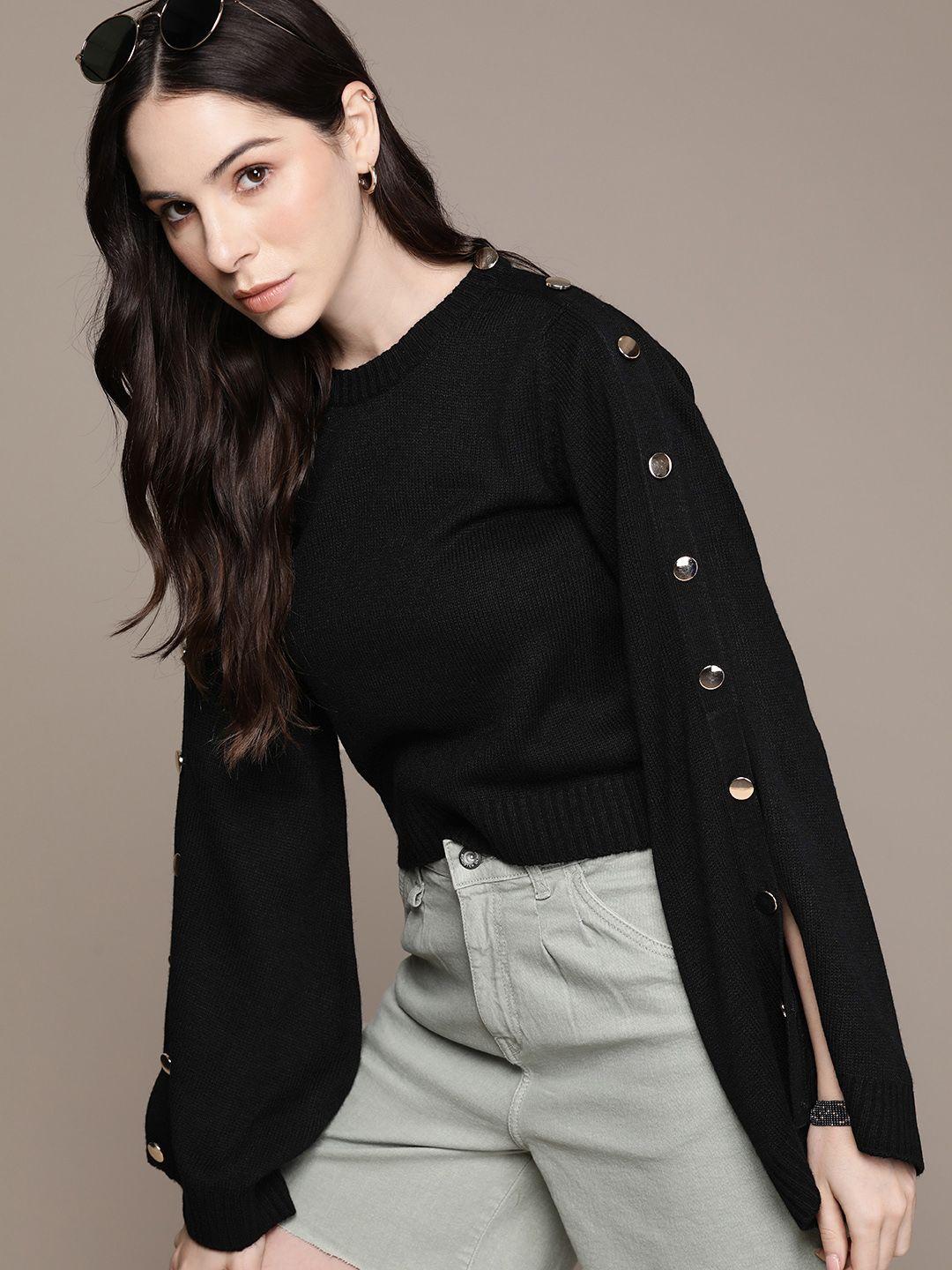 The Roadster Lifestyle Co. Long Flared Slit Sleeves Button Detail Pullover
