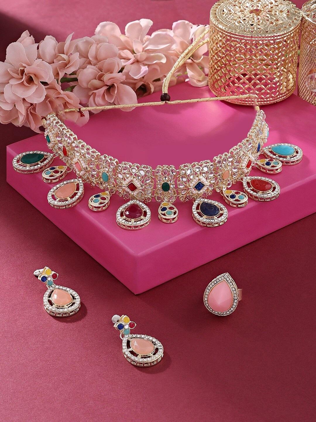 Zaveri Pearls Gold-Plated Kundan Stone-Studded & Beaded Necklace & Earrings With Ring