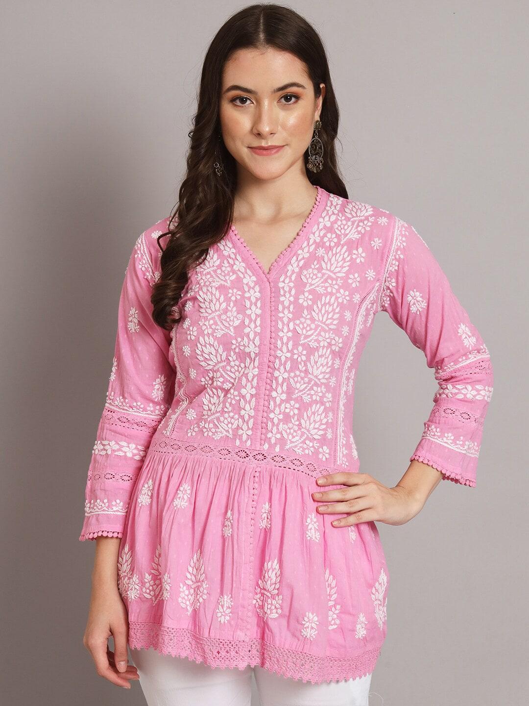 paramount-chikan-pink-ethnic-motifs-embroidered-v-neck-chikankari-chikankari-kurti