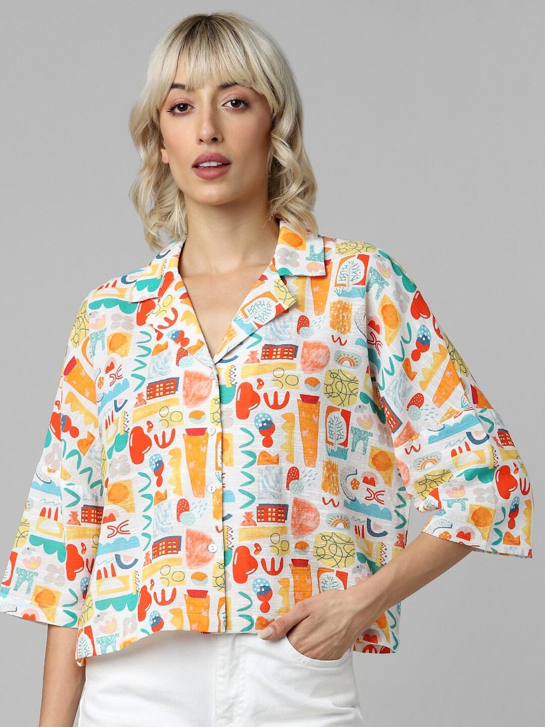 ONLY Converesatonal Printed Extended Sleeves Cropped Cotton Boxy Shirt