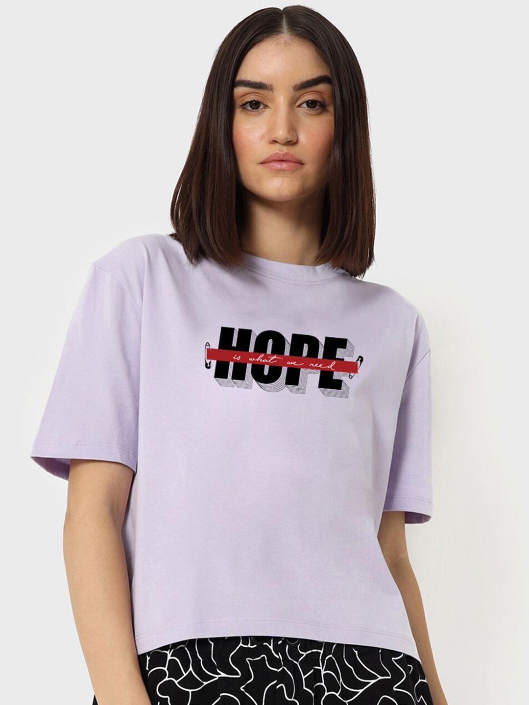 Bewakoof Purple Typography Printed Drop-Shoulder Sleeves Oversized Pure Cotton T-shirt