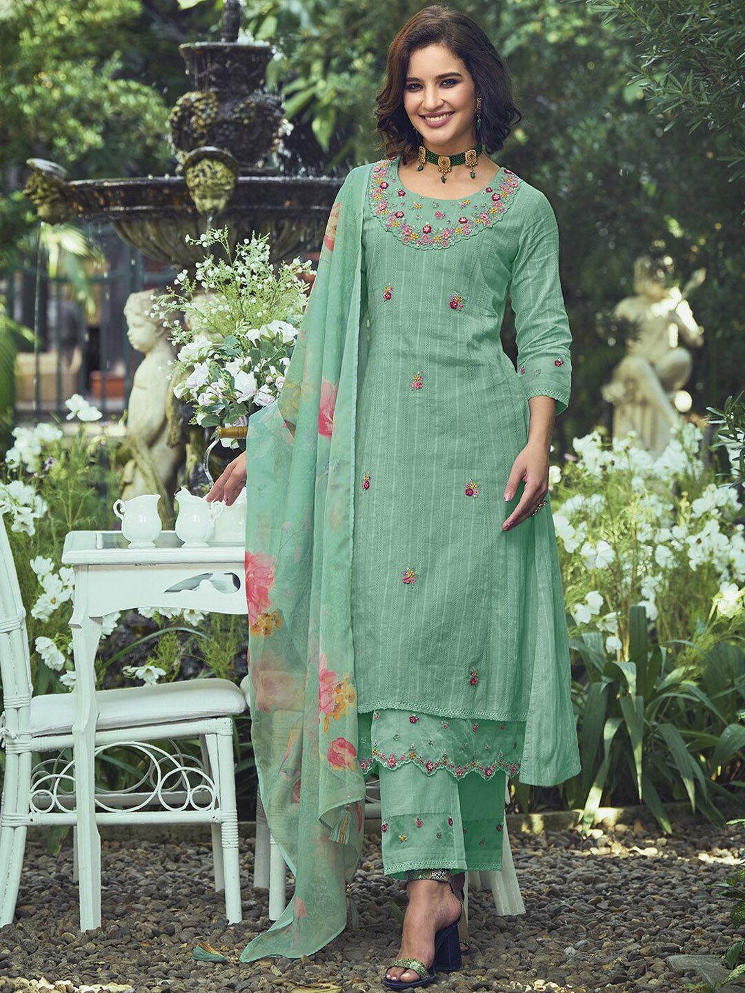 Indo Era Green Floral Embroidered Regular Pure Cotton Kurta With Trousers & Dupatta