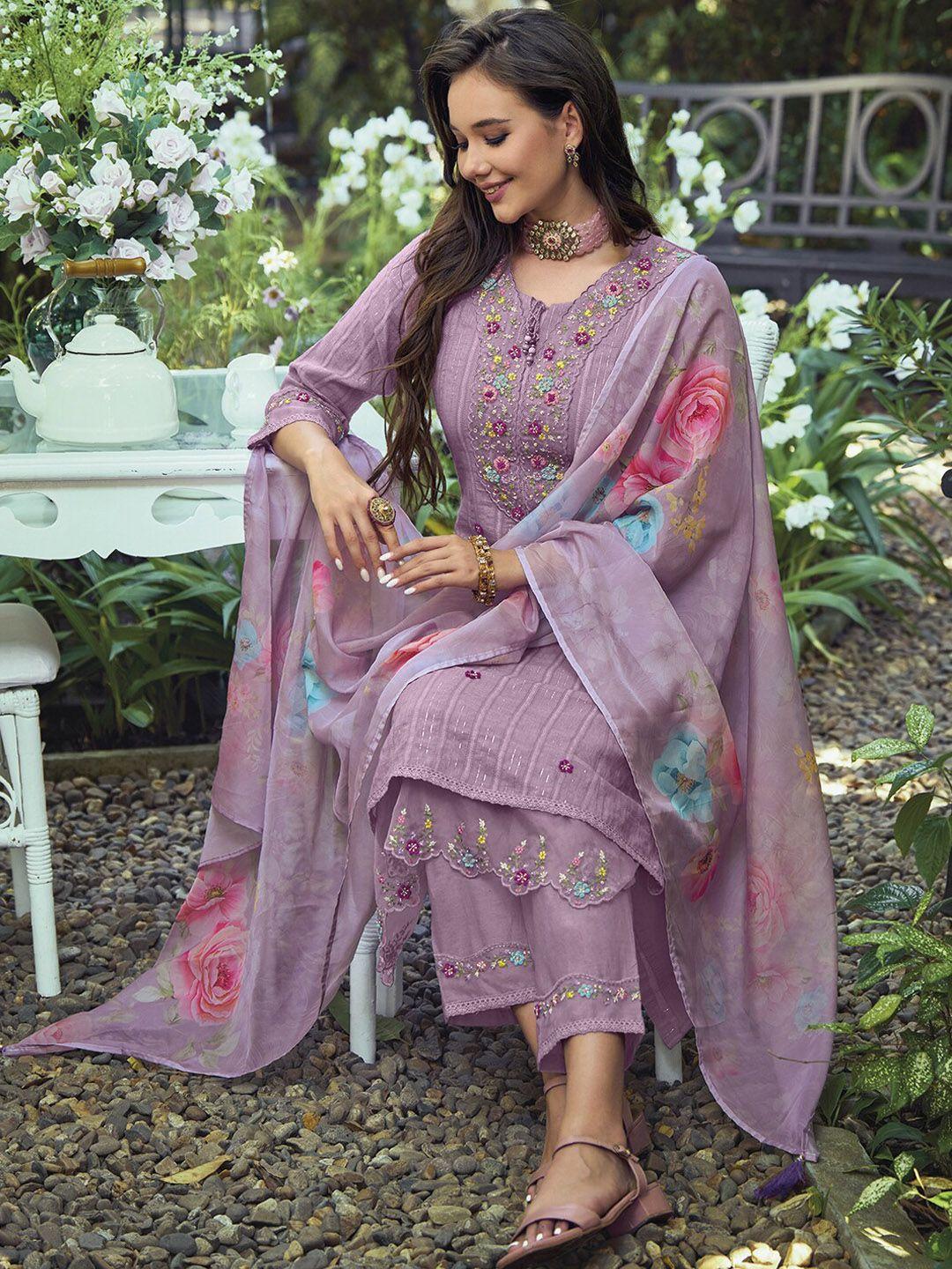 indo-era-women-lavender-floral-embroidered-panelled-thread-work-pure-cotton-kurta-with-trousers-&-with