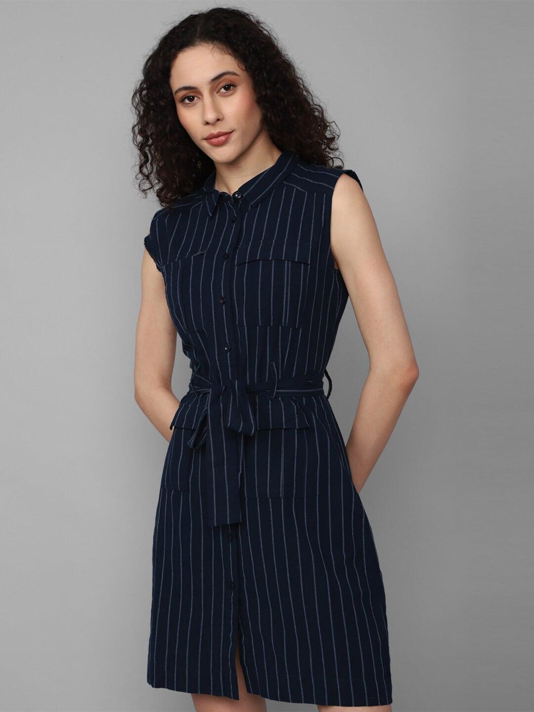 Allen Solly Woman Striped Oversized Pocket Tie-Up Cotton Shirt Style Dress