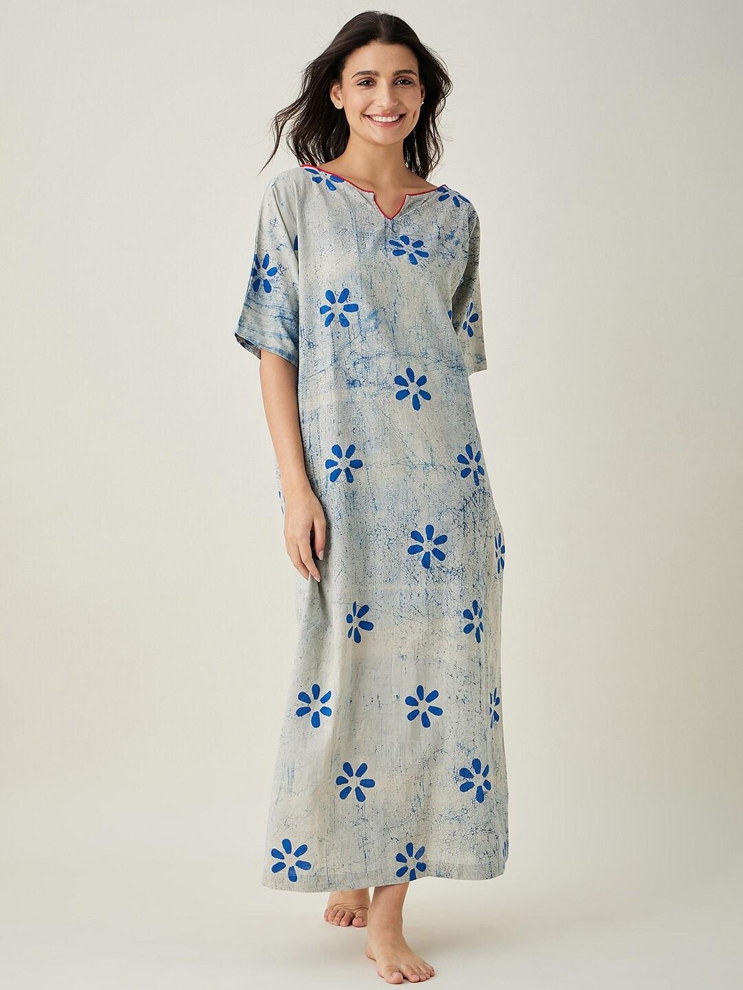 The Kaftan Company Grey Floral Printed Maxi Pure Cotton Nightdress