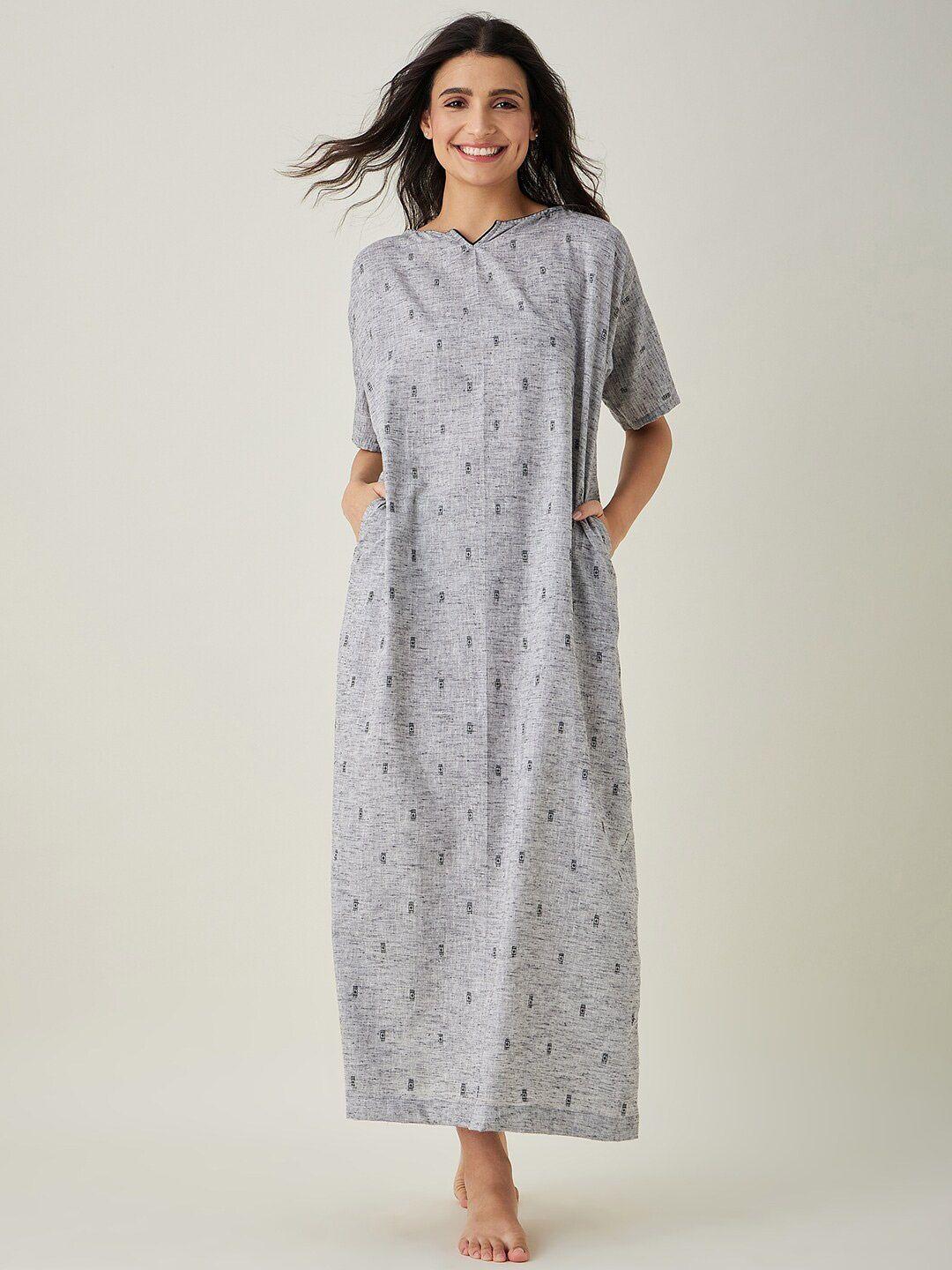 the-kaftan-company-grey-geometric-printed-maxi-pure-cotton-nightdress