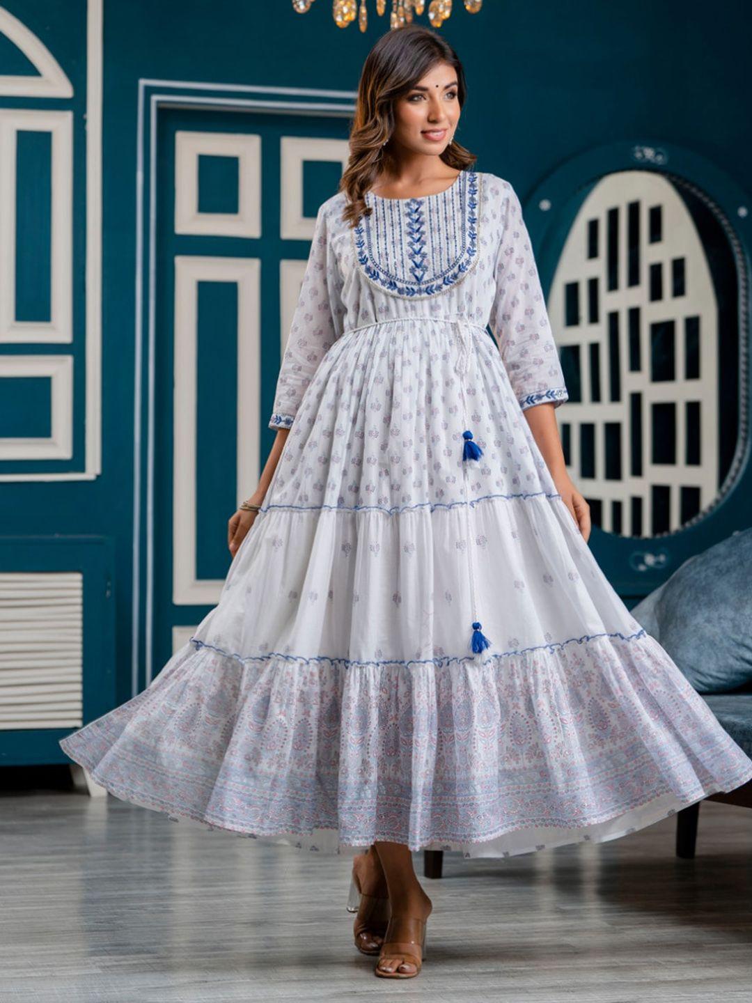 KALINI Ethnic Motifs Printed Embroidered Detailed Cotton Fit & Flare Ethnic Dress