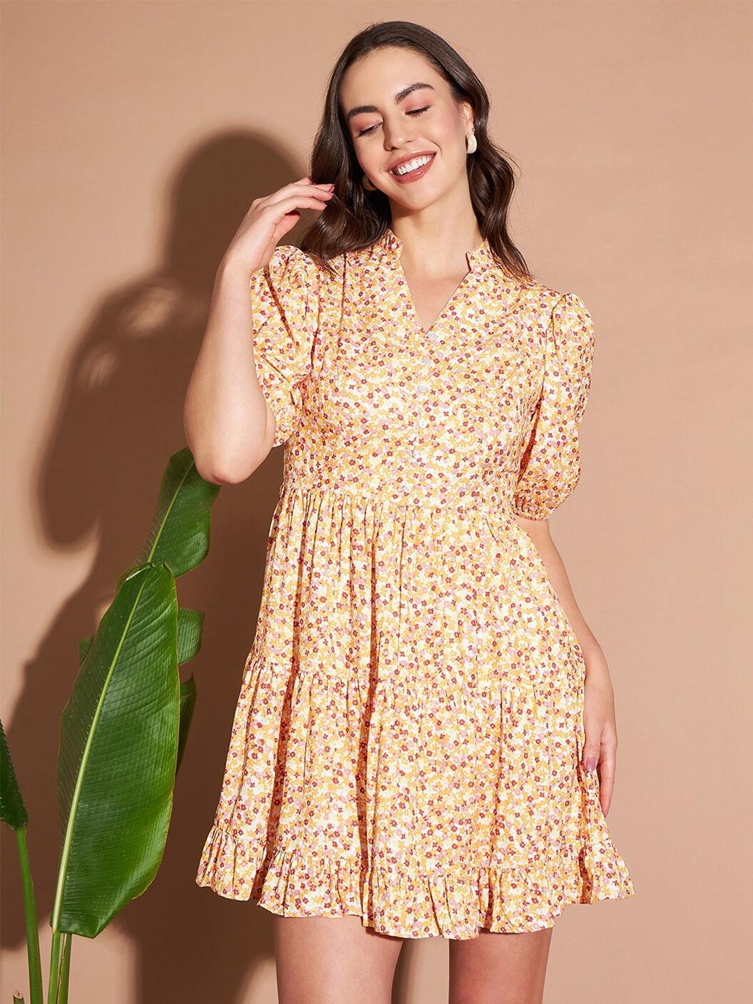 Marie Claire Yellow & White Floral Printed Puff Sleeves Fit & Flare Dress