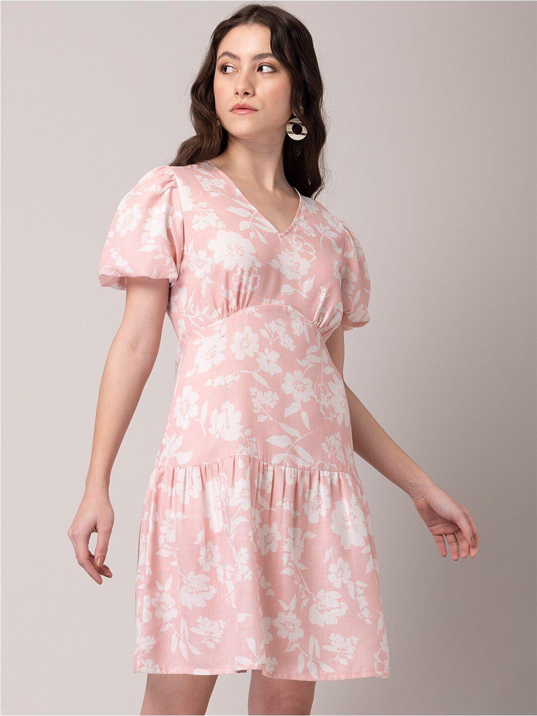 faballey-peach-colour-floral-print-balloon-sleeve-fit-&-flare-dress