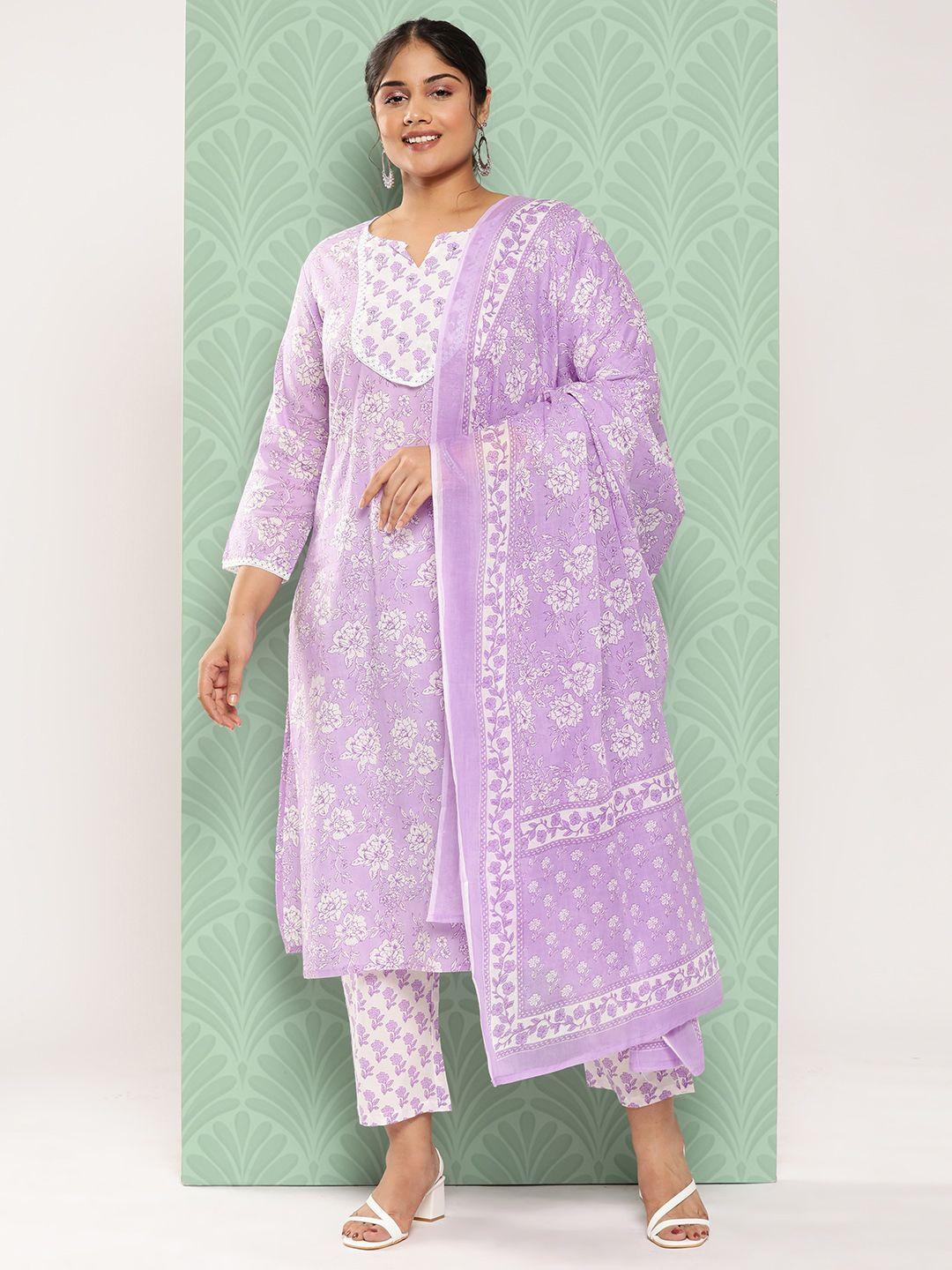 Yufta Women Plus Size Floral Printed Pure Cotton Kurta with Trousers & With Dupatta