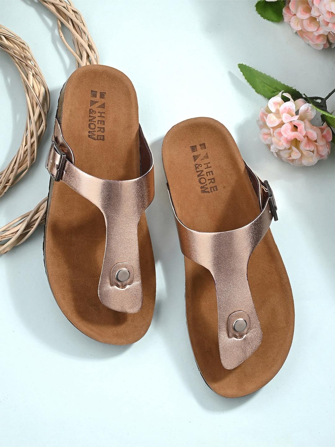 HERE&NOW Gold-Toned Textured T-Strap Flats