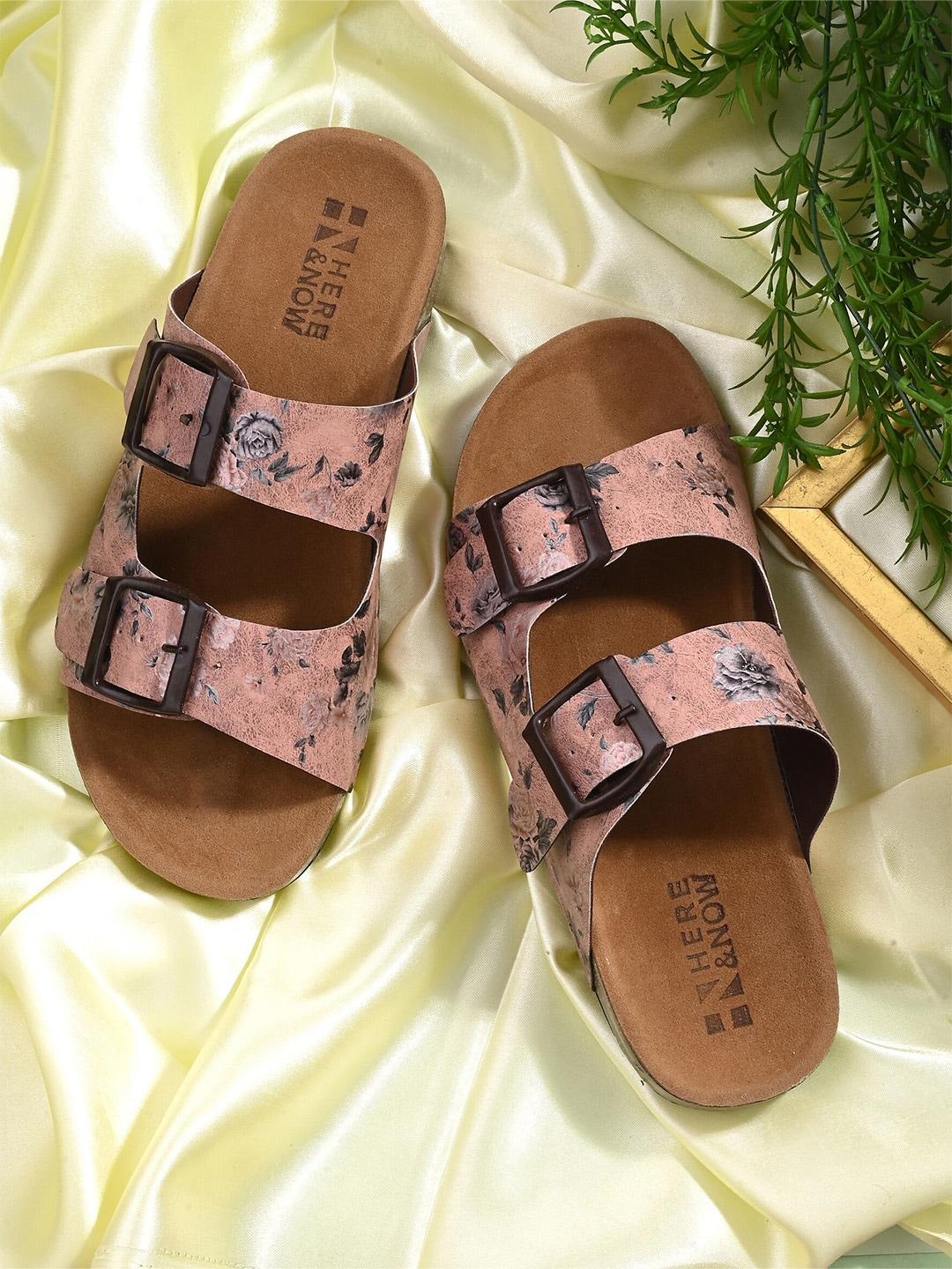 HERE&NOW Nude-Coloured Printed Open Toe Flats