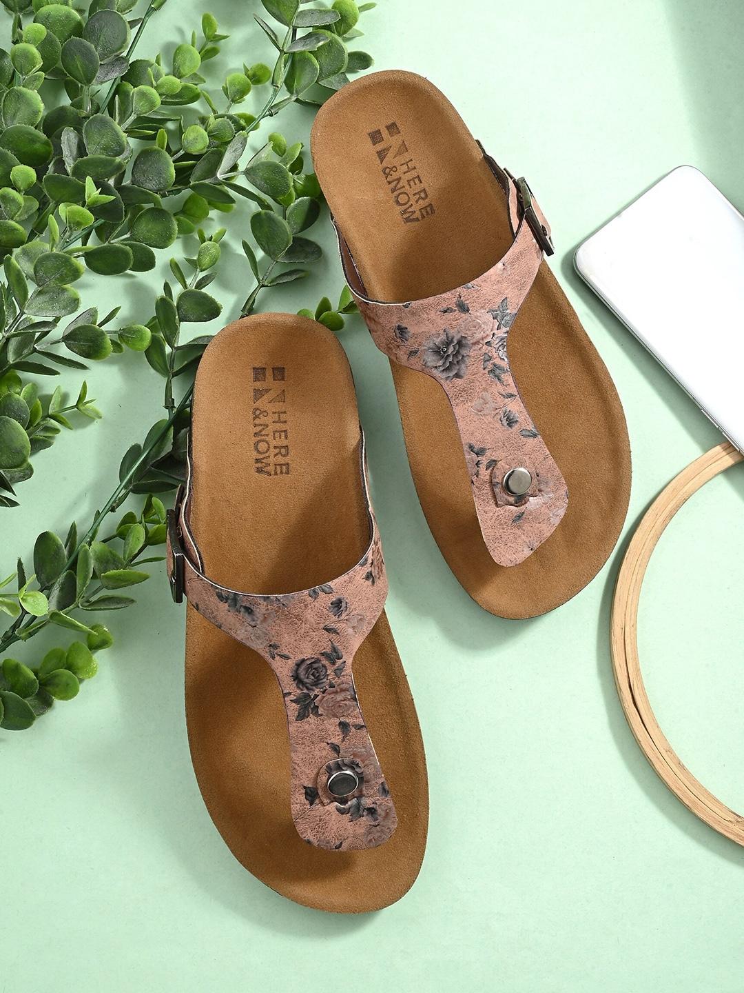 HERE&NOW Nude-Coloured Printed T-Strap Flats With Buckle Detail