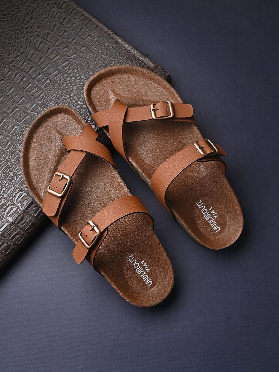 UNDERROUTE Men One Toe Two Strap Comfort Sandals With Buckle Detail