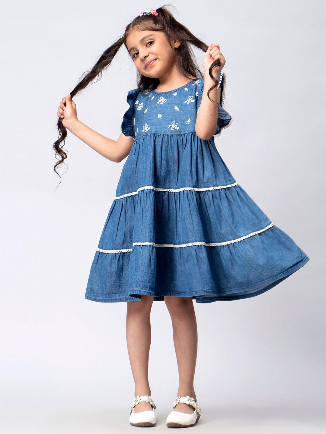 HERE&NOW Girls Navy Blue & White Embroidered Flutter Sleeves Cotton A-Line Dress