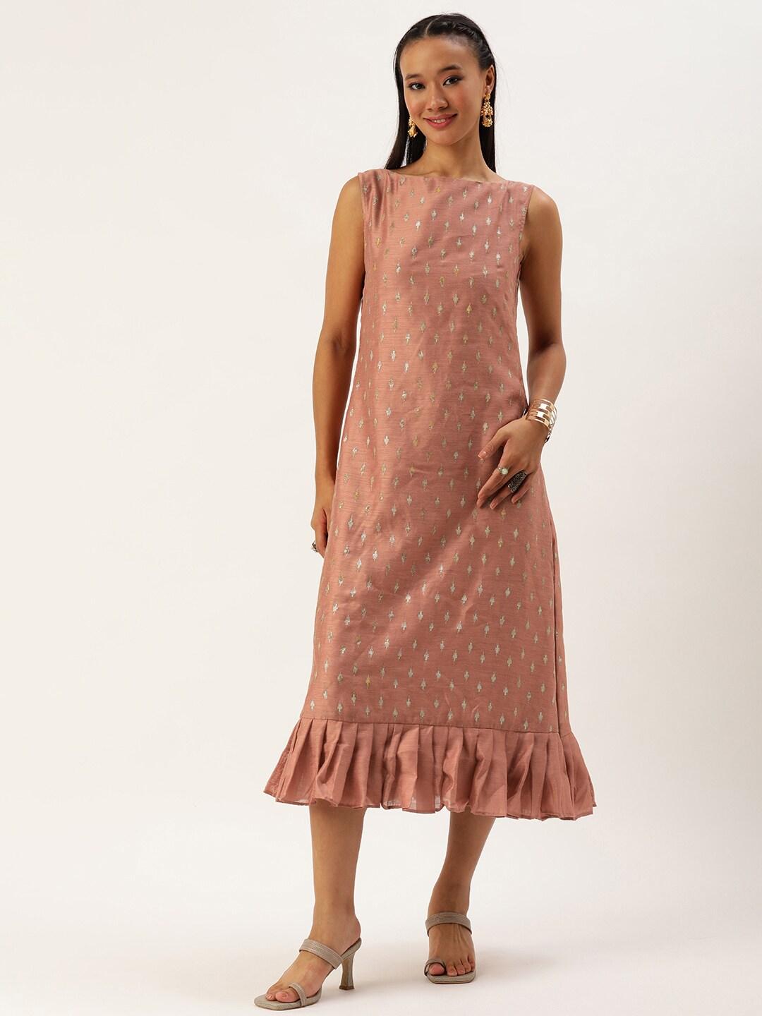 Ethnovog Woven Design Ruffled A-Line Midi Dress