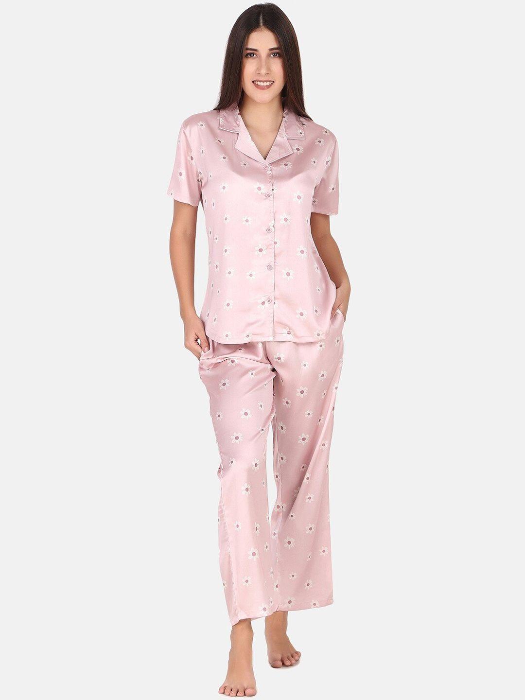 Masha Pink & White Floral Printed Night suit