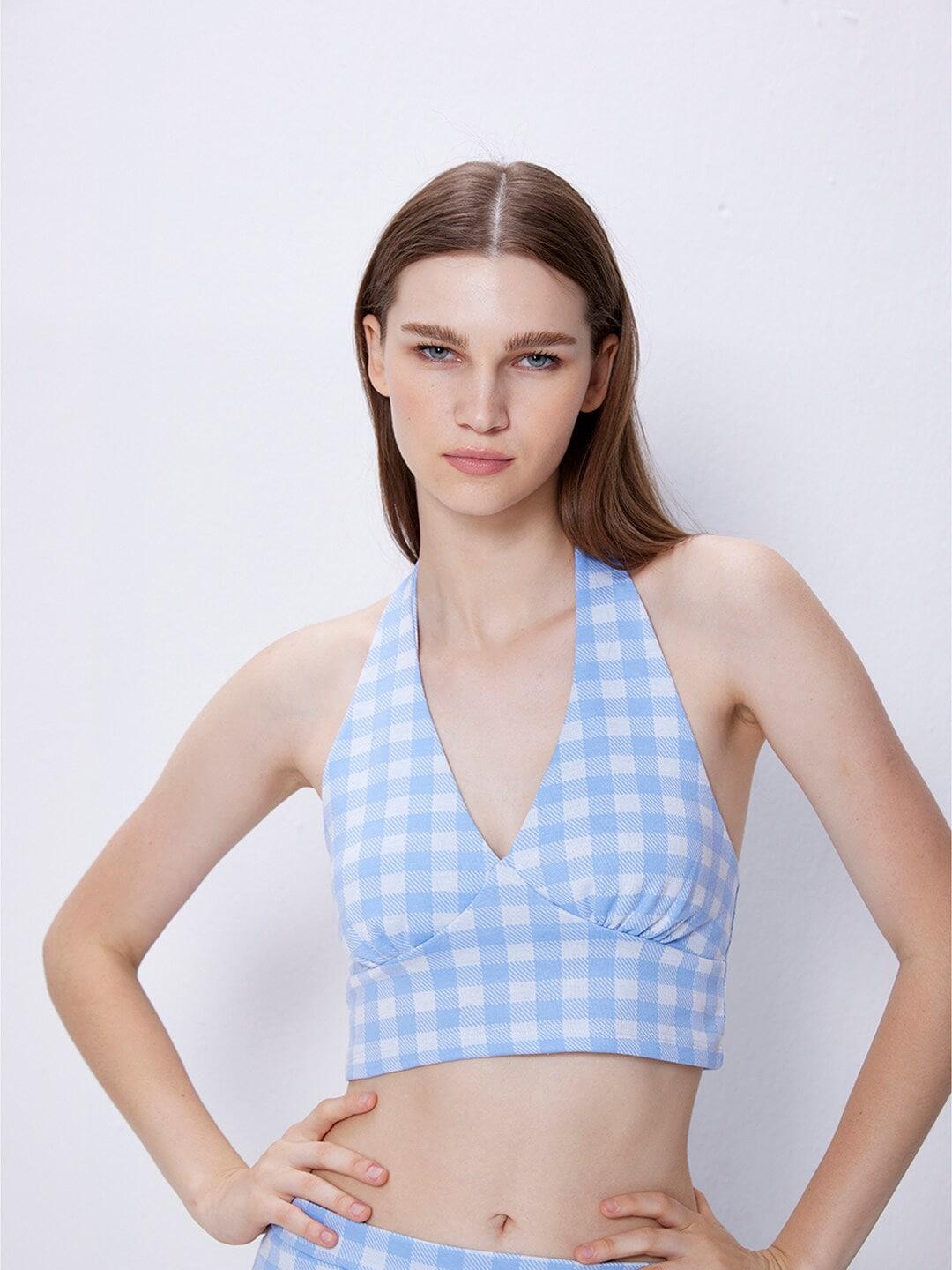 COVER STORY Blue Checked Tie-Up Neck Regular Crop Top