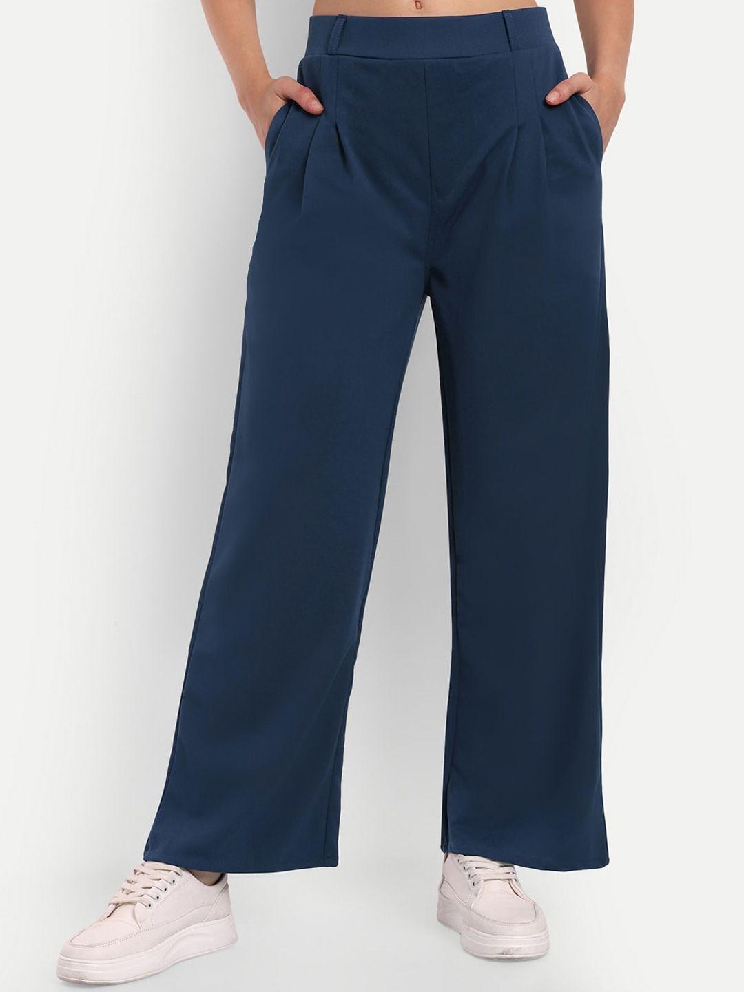 Next One Women Navy Blue Smart Loose Fit High-Rise Easy Wash Pleated Trousers