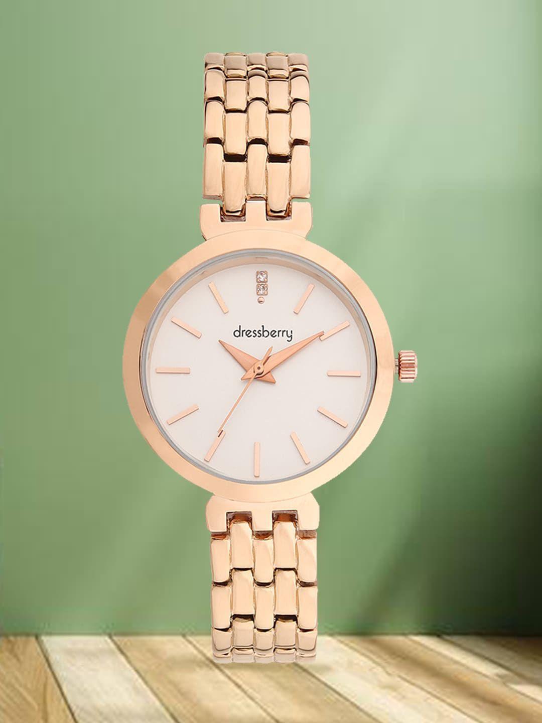 DressBerry Women White Dial & Rose Gold Toned Bracelet Style Analogue Watch HOBDB-138-RG