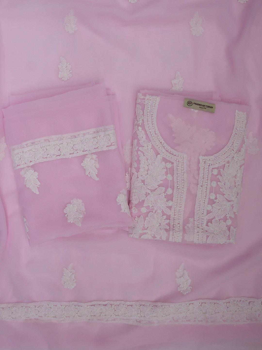 PARAMOUNT CHIKAN Pink & White Embroidered Unstitched Dress Material