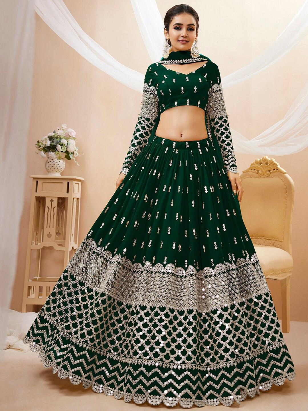 FABPIXEL Green & Silver-Toned Embroidered Sequinned Semi-Stitched Lehenga & Unstitched Blouse With Dupatta