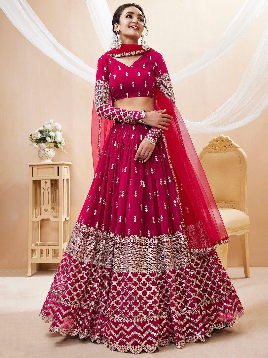 FABPIXEL Embroidered Sequinned Semi-Stitched Lehenga & Unstitched Blouse With Dupatta