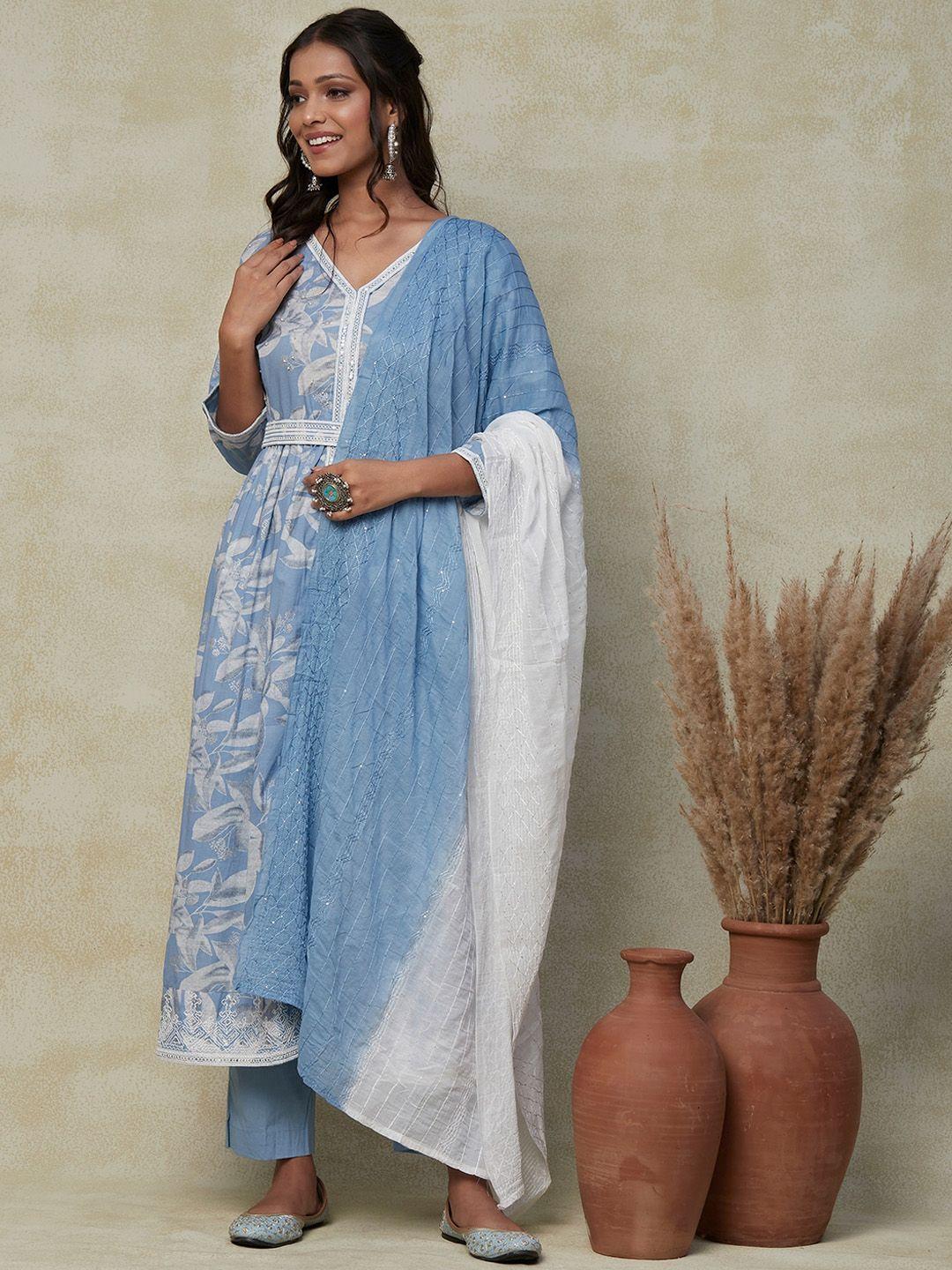 FASHOR Blue Floral Printed Pleated Beads Pure Cotton Kurta with Trousers & Dupatta