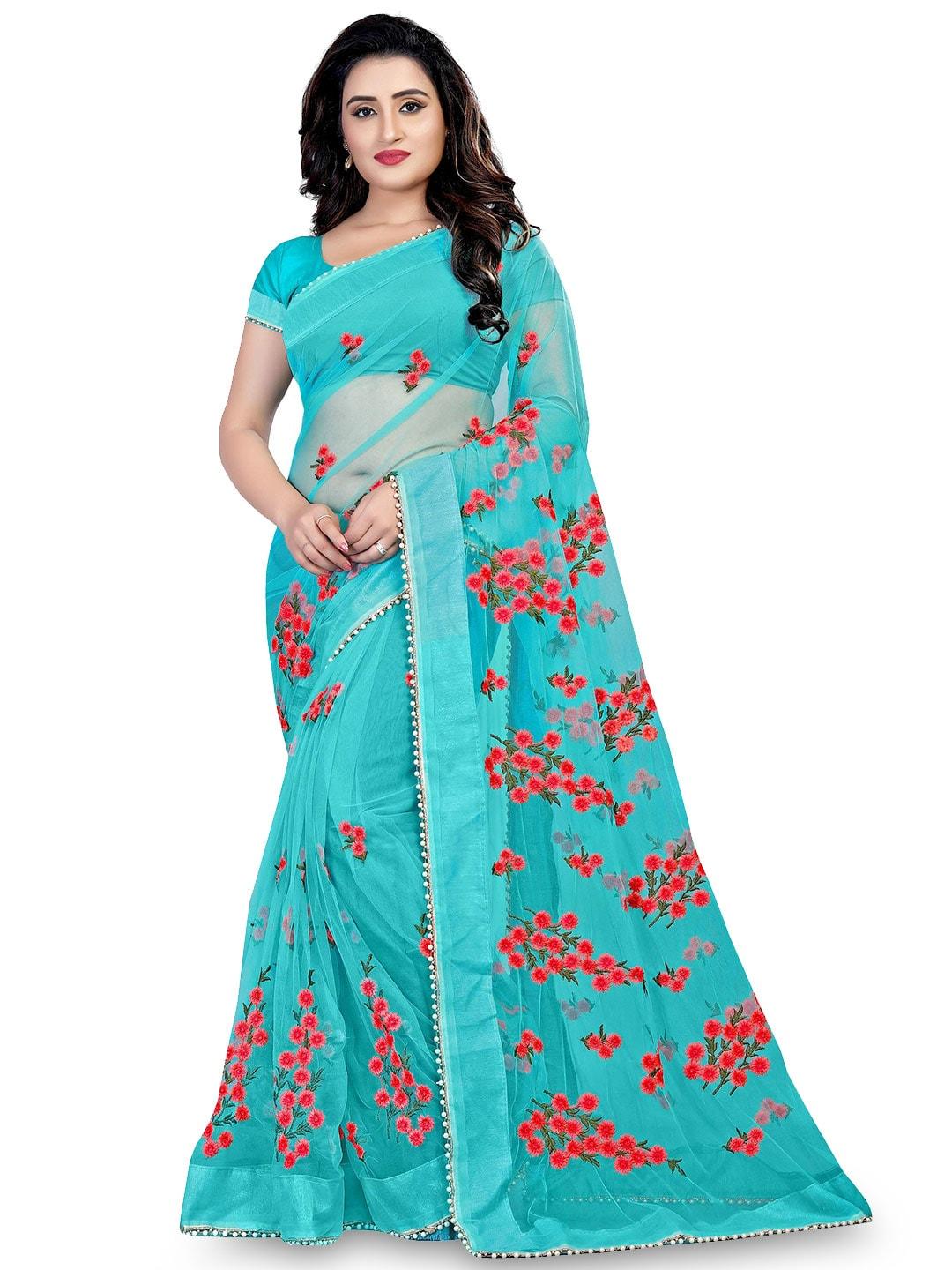 Nityanta Fab Turquoise Blue & Pink Floral Embroidered Net Ikat Saree