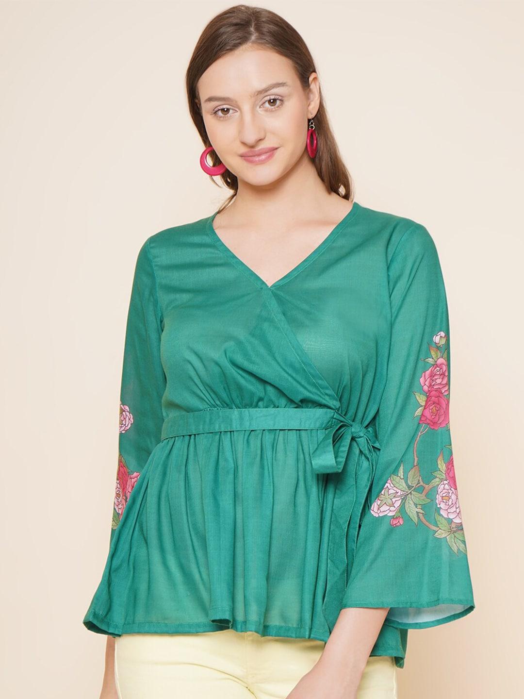 bhama-couture-floral-printed-v-neck-flared-sleeves-cotton-wrap-top