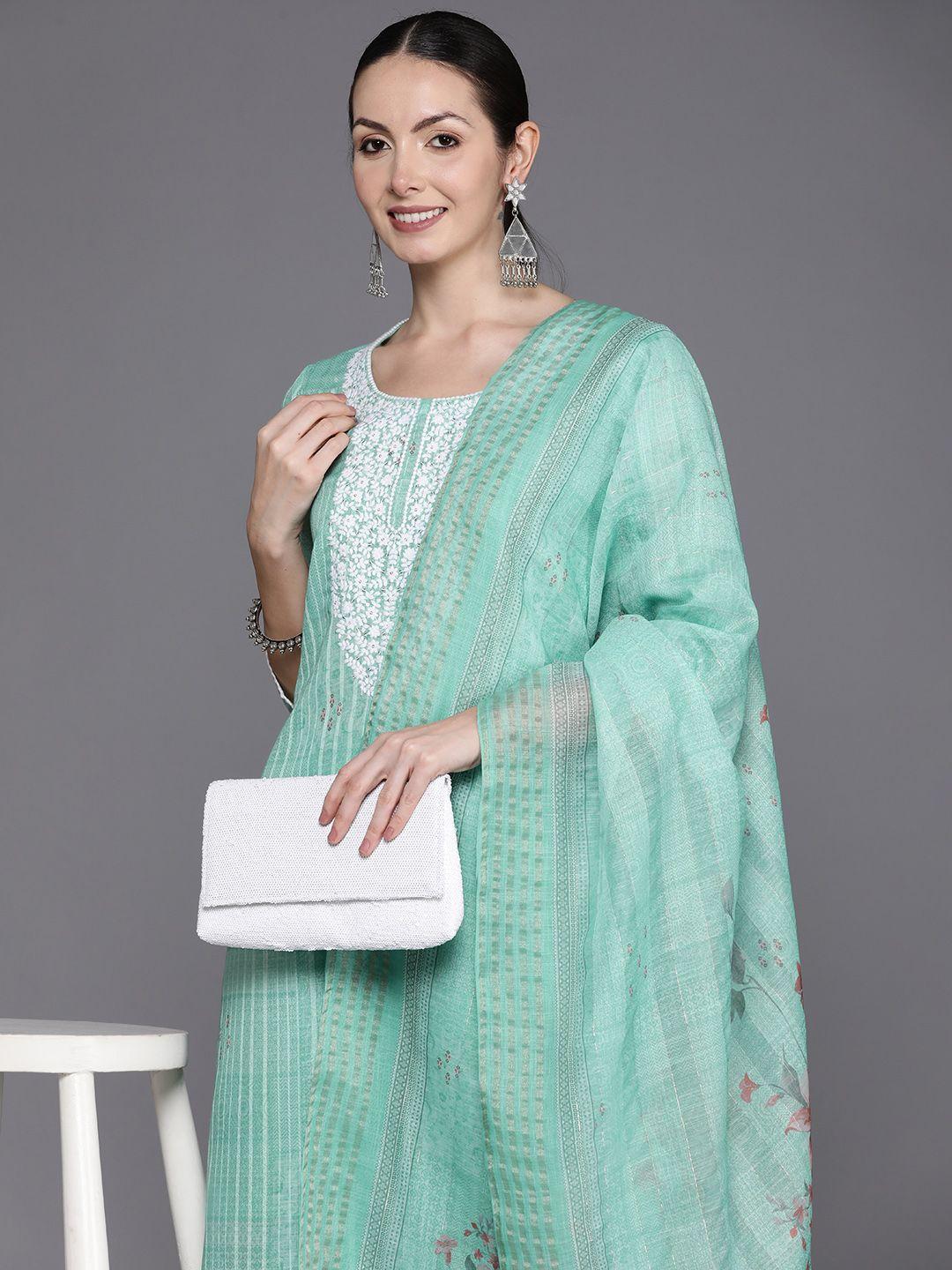 Indo Era Floral Embroidered Regular Thread Work Linen Kurta with Trousers & Dupatta