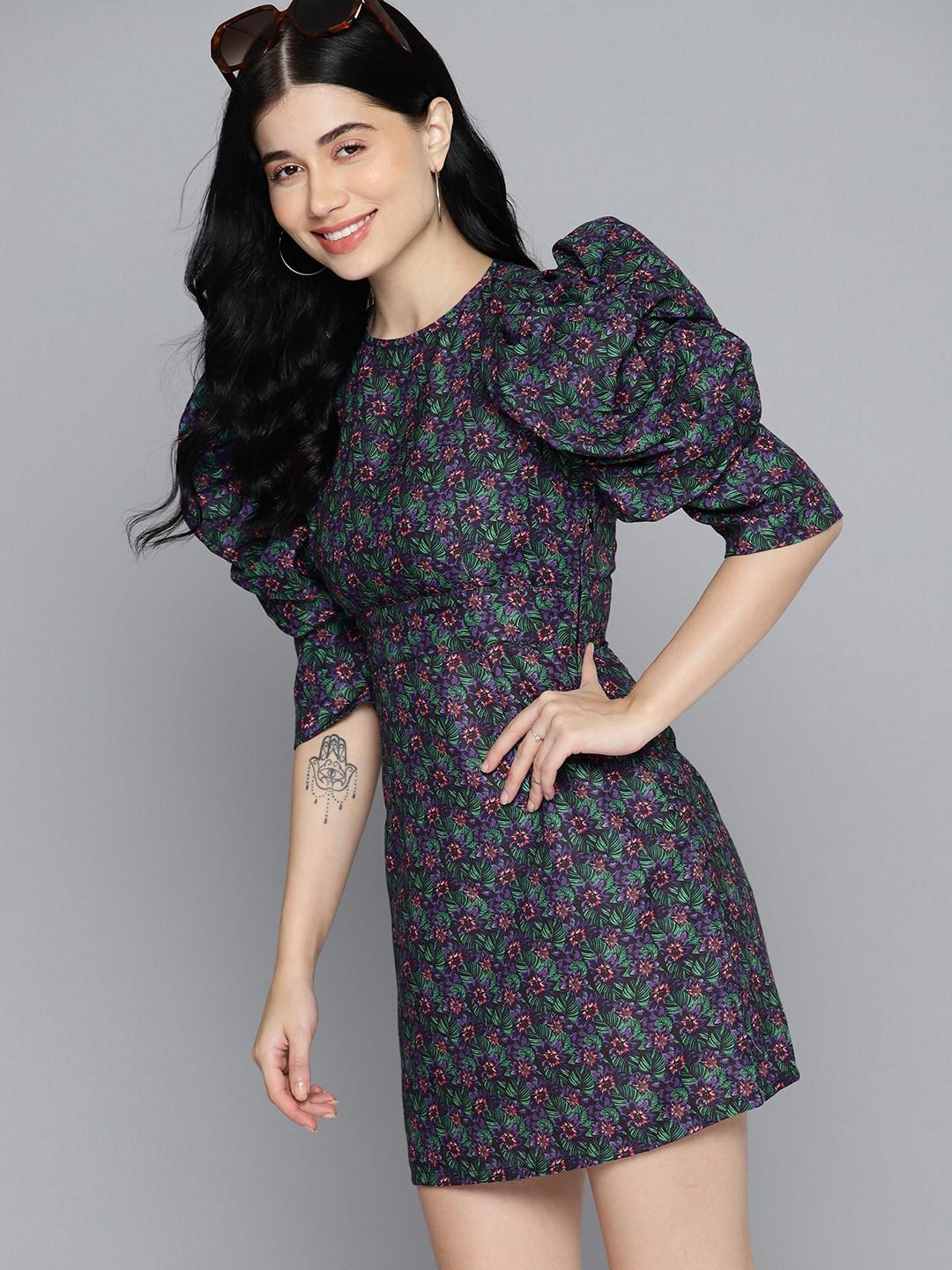 Mast & Harbour Floral Print Puff Sleeves Bodycon Pure Cotton Mini Dress