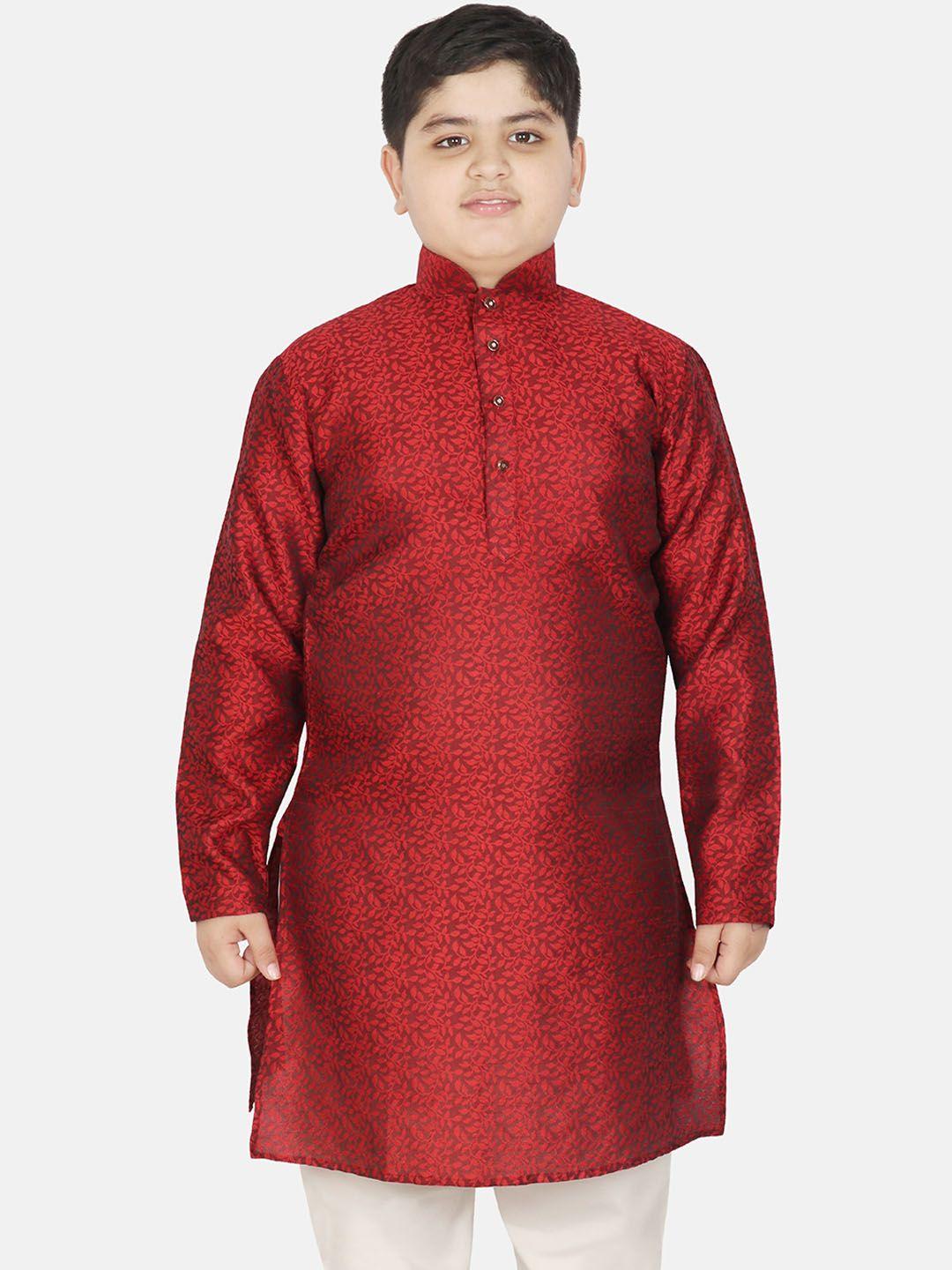 SG YUVRAJ Boys Floral Embroidered Mandarin Collar Jacquard Weave Raw Silk Straight Kurta