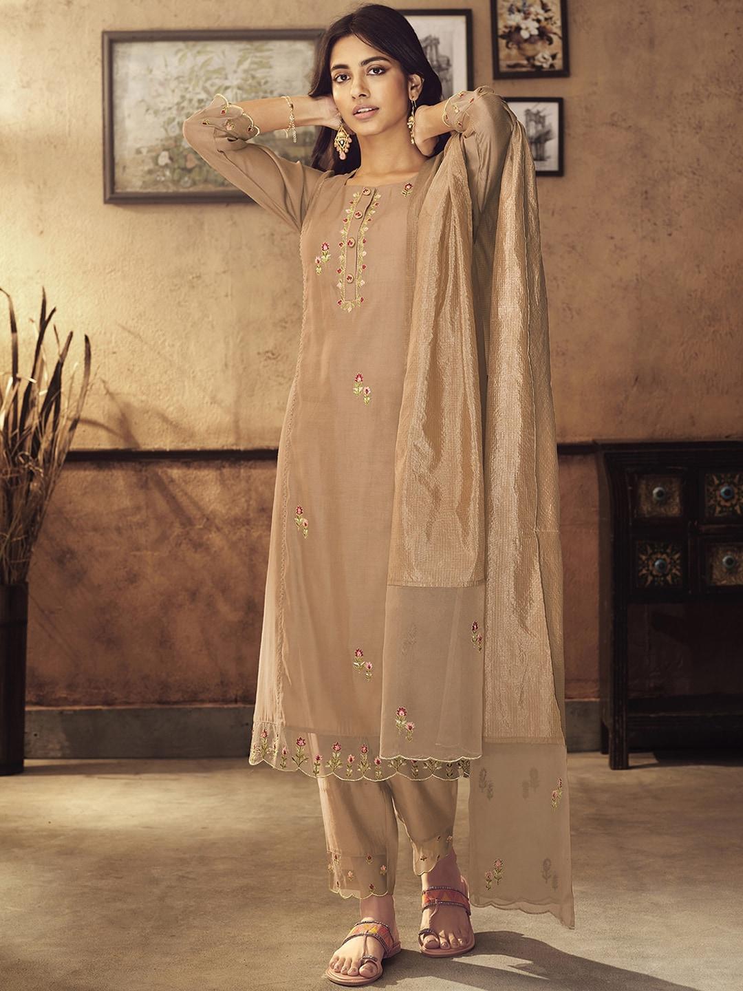 Indo Era  Floral Embroidered Panelled Thread Work Kurta with Trousers & Dupatta