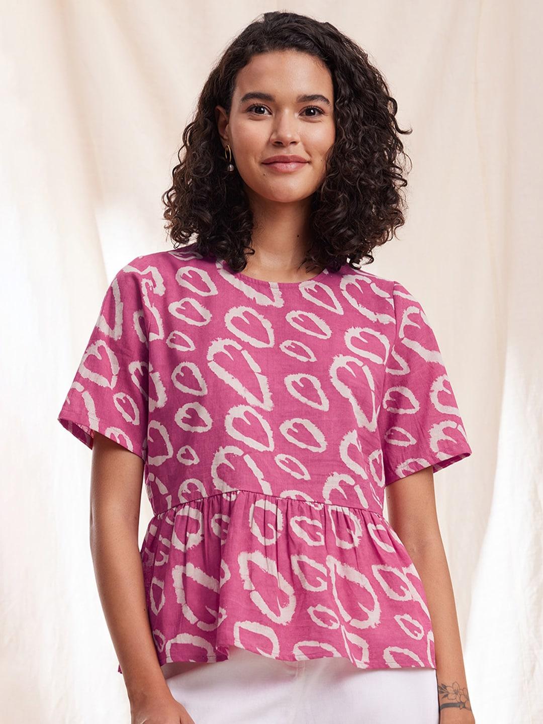 Pink Fort Heart Printed Pure Cotton Peplum Top